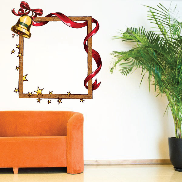 Christmas frame sticker with ribbon bell and gold star border