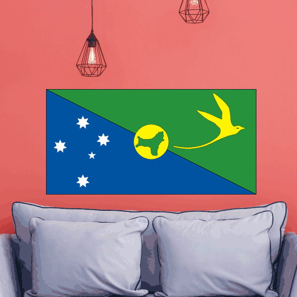 Christmas island flag sticker, rectangular with blue triangle, white stars, green field, yellow bird