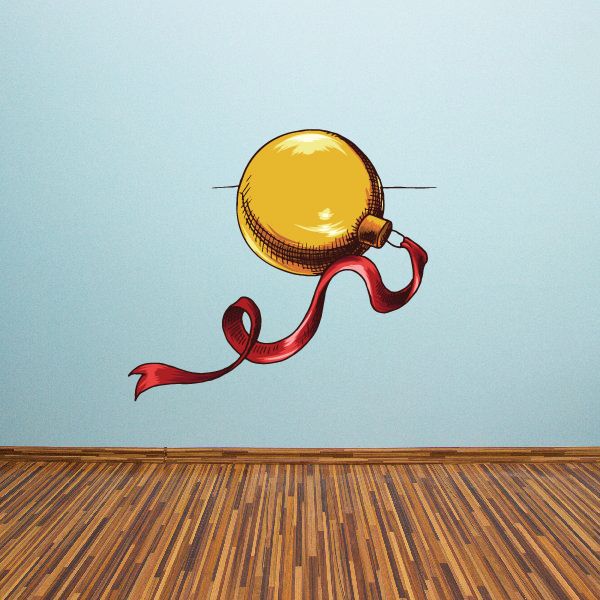 Golden Christmas ornament rolling bauble vinyl wall decal with red ribbon curl