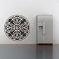 Round vinyl wall decal with black-and-white kaleidoscopic ornament pattern