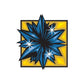 Christmas spiky starburst vinyl sticker with blue rays, white sparkles, and yellow frame