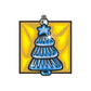 Rounded vinyl Christmas tree ornament sticker with blue tree, star, and yellow background