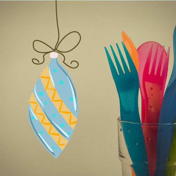 Hanging drop-shaped ribbon ornament decal with light blue, yellow and teal stripes