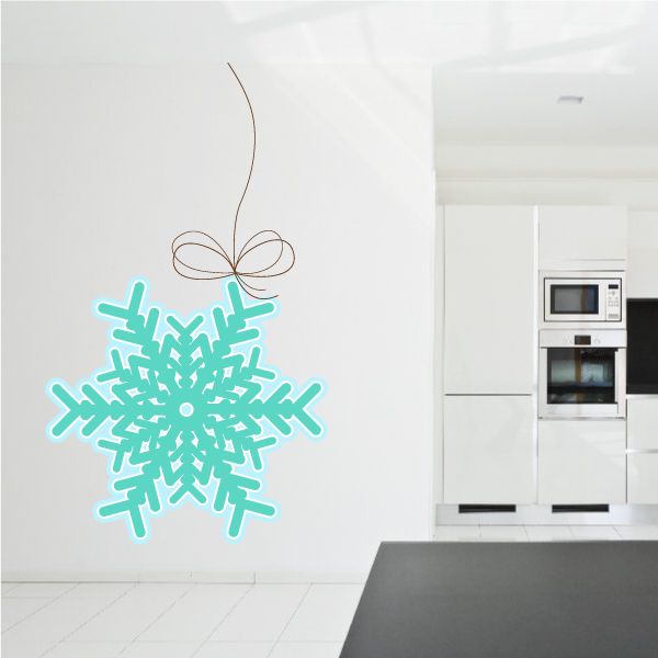 Turquoise snowflake tie-on Christmas ornament decal with bow and hanging string