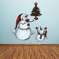 Christmas snowman family wall decal with tree, red scarf, and waving figures