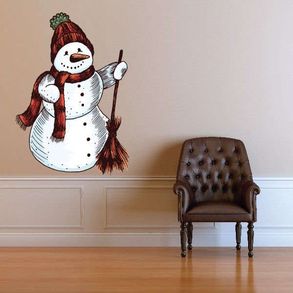 Image of Christmas Snowman Wearing Beanie Holding Broom Decal