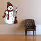 Snowman wall decal wearing red beanie and scarf, holding broom in white and red.