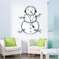 Christmas snowman sticker: white snowman wearing black headphones, orange carrot nose