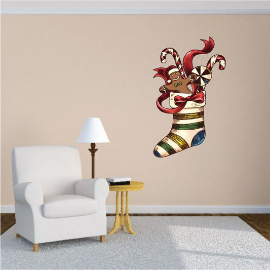 Image of Christmas Stocking with Candy Canes and Gingerbread Man Sticker