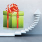 Green striped Christmas gift box with red curly ribbon bow on top