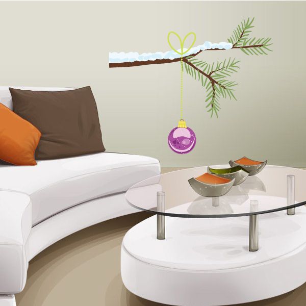 Christmas tree branch wall decal with purple hanging ornament and green needles