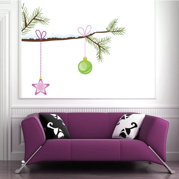 Christmas tree branch wall decal with green bauble, pink star, and purple strings