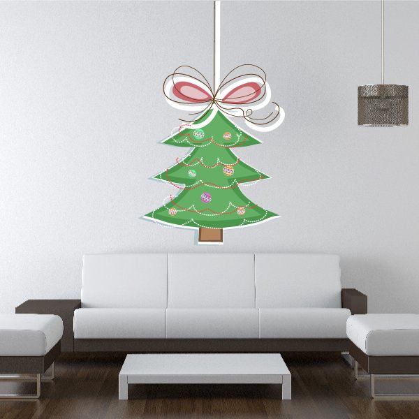 Green Christmas tree wall decal with ribbon bow and hanging ornament lines