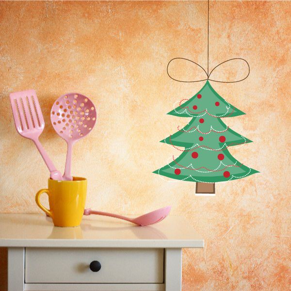Green Christmas tree wall decal with red ornaments and star, vinyl sticker