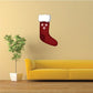 Christmas stocking sticker, red knit-style with white cuff and triple snowflake design
