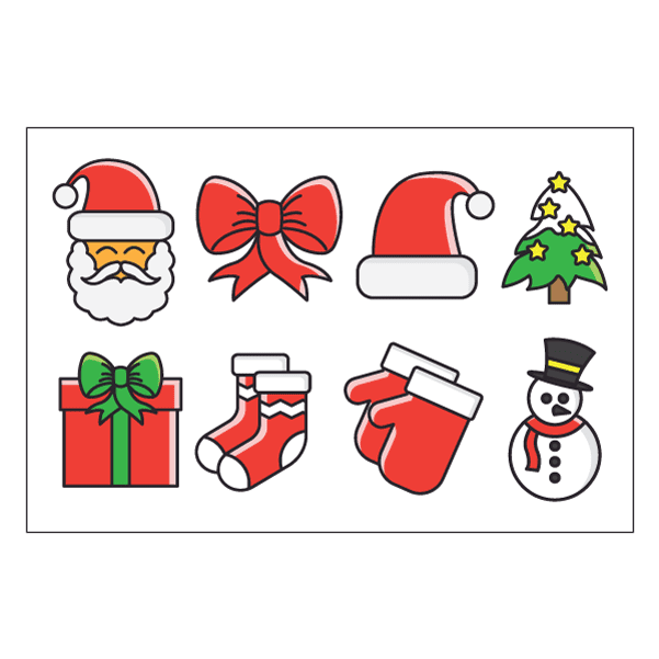 Christmas icon sticker sheet with red, green and white holiday images