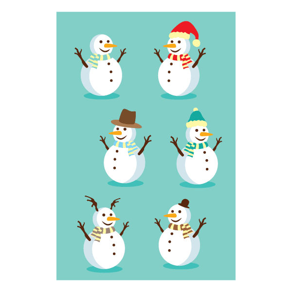 Snowman sticker sheet with six cute winter characters in hats and scarves