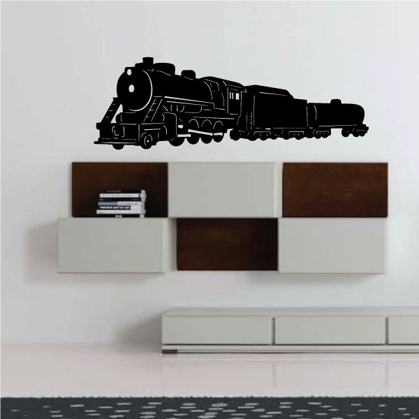 Black cartoon train wall decal silhouette with engine and cars