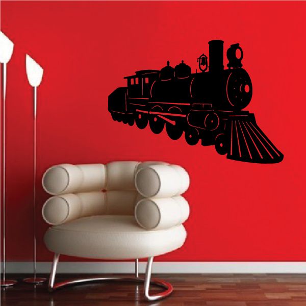 Black steam locomotive wall decal with detailed smokestack and wheels