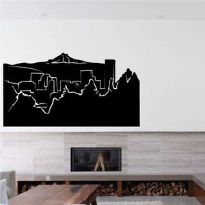 City and volcano decal, black skyline and mountain silhouette