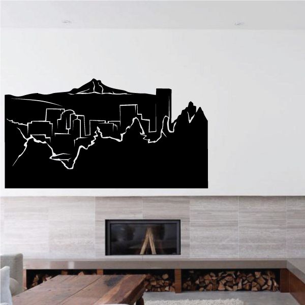 City and volcano decal, black skyline and mountain silhouette