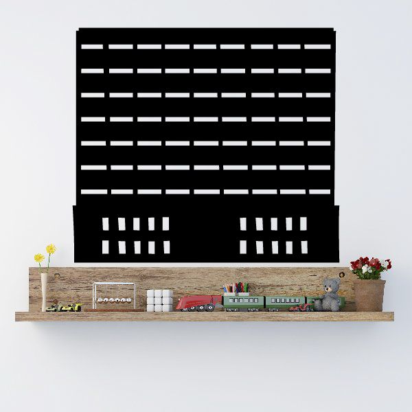 Black city building wall decal with window stripes and facade details