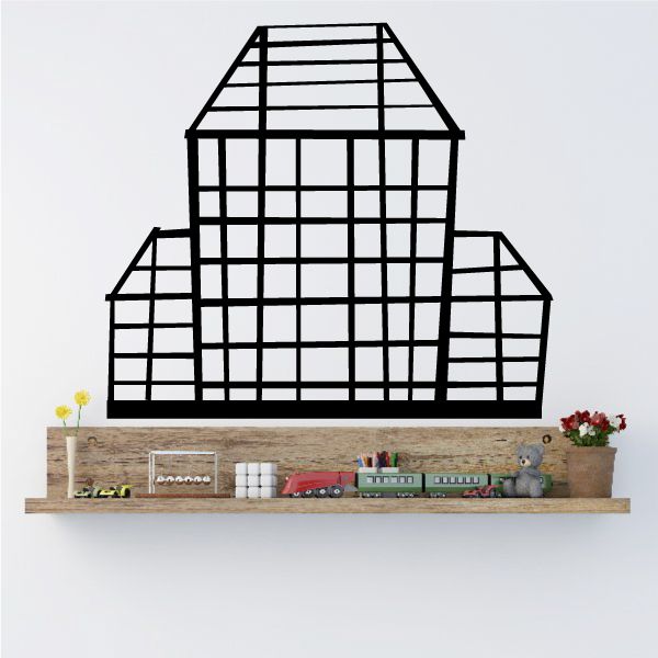 City building wall decal with black grid facade and arched front window.