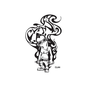 Graffiti-style clan decal sticker of cartoon character with flame swirls, black and white