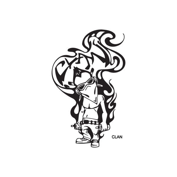 Graffiti-style clan decal sticker of cartoon character with flame swirls, black and white