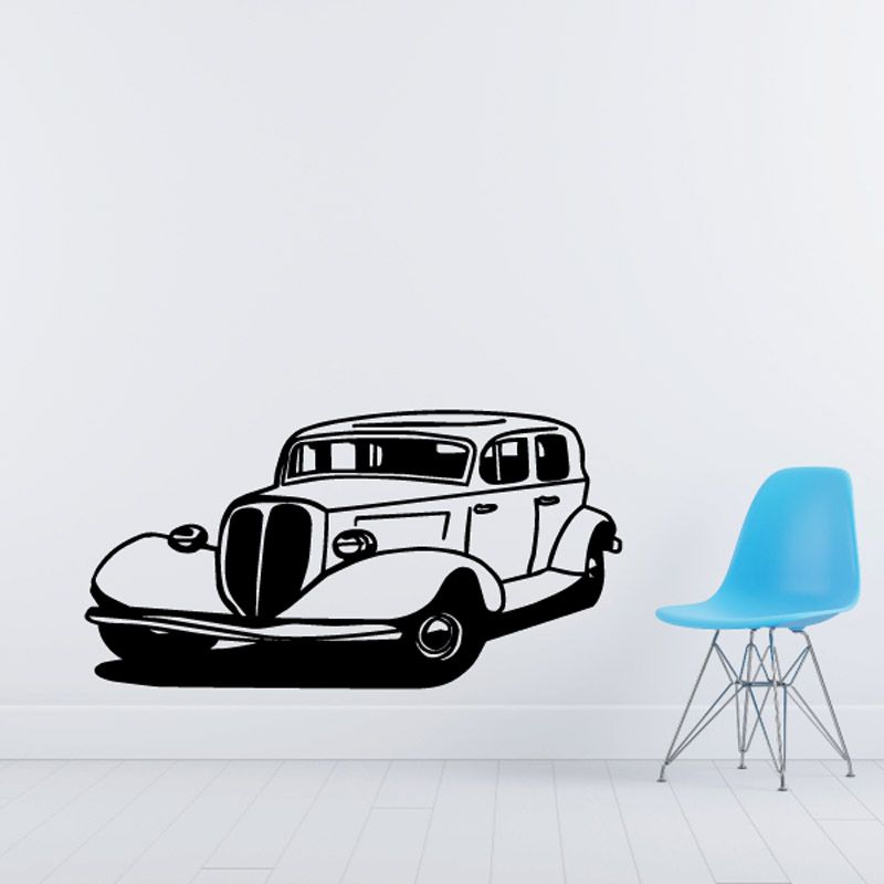 Classic 1940s car decal, black and white vintage vehicle illustration