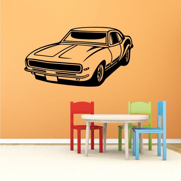 Classic muscle car wall decal with black outline and vintage hood stripes
