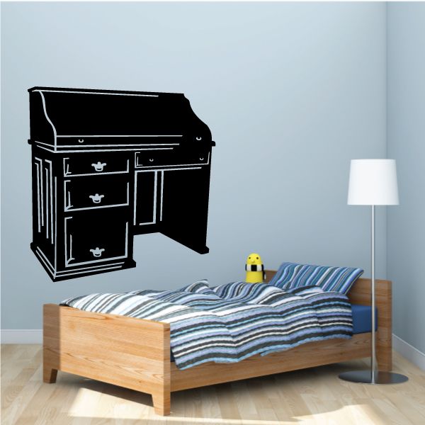 Black desk decal with detailed drawers and shelves