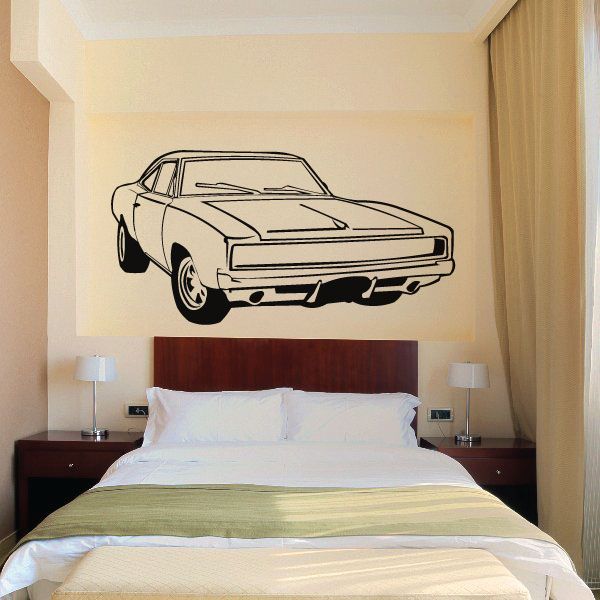 Classic Dodge Charger car wall decal with black line-art front view.