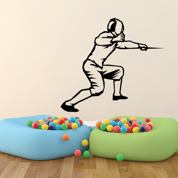 Fencing decal of a fencer in a lunging stance, black outline on light background