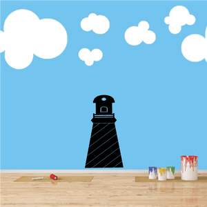 Lighthouse decal with black and dark-blue striped tower and small red accents