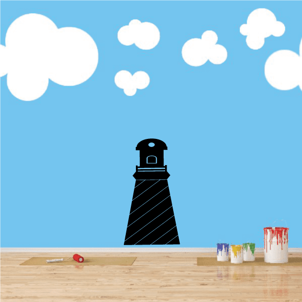 Lighthouse decal with black and dark-blue striped tower and small red accents