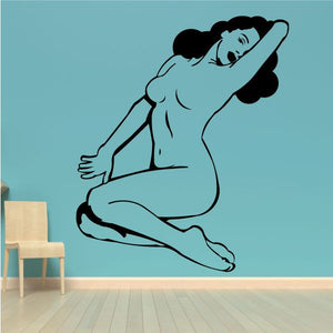 Pinup-style nude figure decal with black line-art and voluminous hair