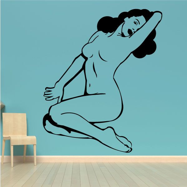 Pinup-style nude figure decal with black line-art and voluminous hair