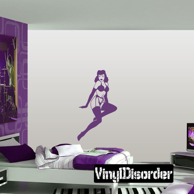 Pinup woman lingerie wall decal, purple seated silhouette