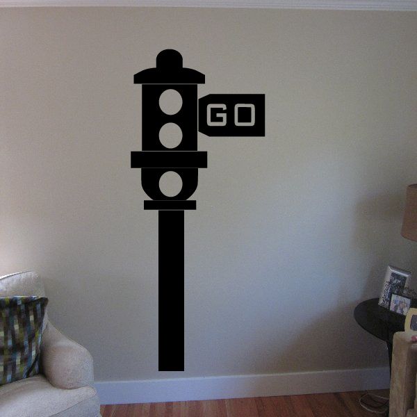 Traffic light and GO street sign wall decal with black lamp and white circles