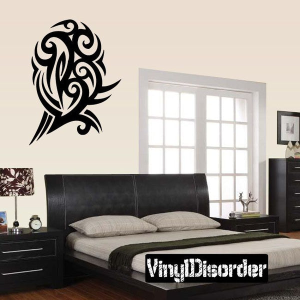 Black tribal bird wall decal vinyl with ornate swirling feathers