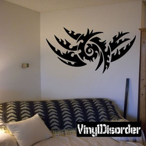 Tribal vinyl wall decal, black ornate winged swirl design with curling patterns