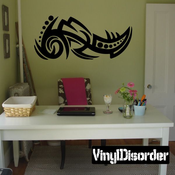 Tribal vinyl wall decal with black swirling feather-like design and dots