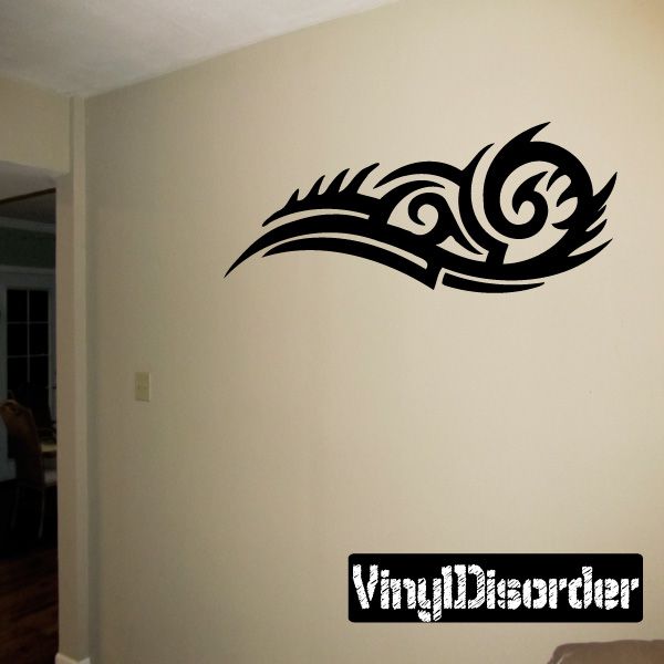 Black tribal swirl wall decal with feather-like scroll design