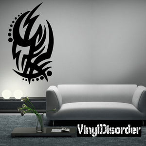 Tribal vinyl wall decal in black, stylized feather with dotted accents