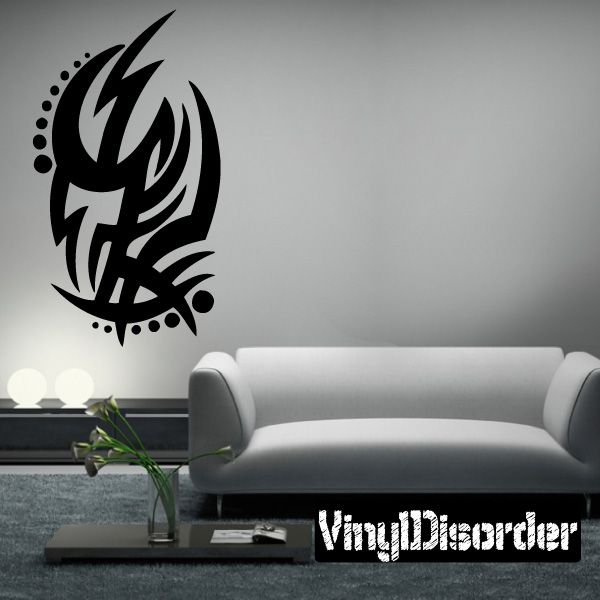 Tribal vinyl wall decal in black, stylized feather with dotted accents