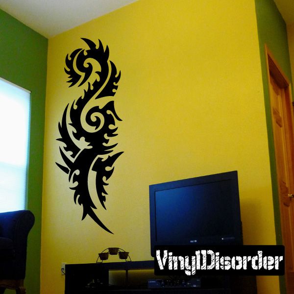 Tribal dragon wall decal, black vinyl with swirling flame details
