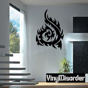 Tribal flame wall decal, black vinyl design with curved dragon-like emblem