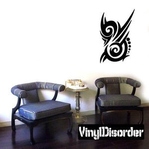 Tribal vinyl wall decal with black swirled winged design