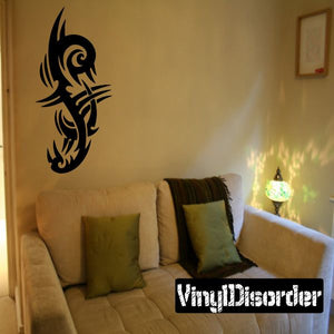 Tribal vinyl wall decal, black dragon-like scorpion design with curling tail